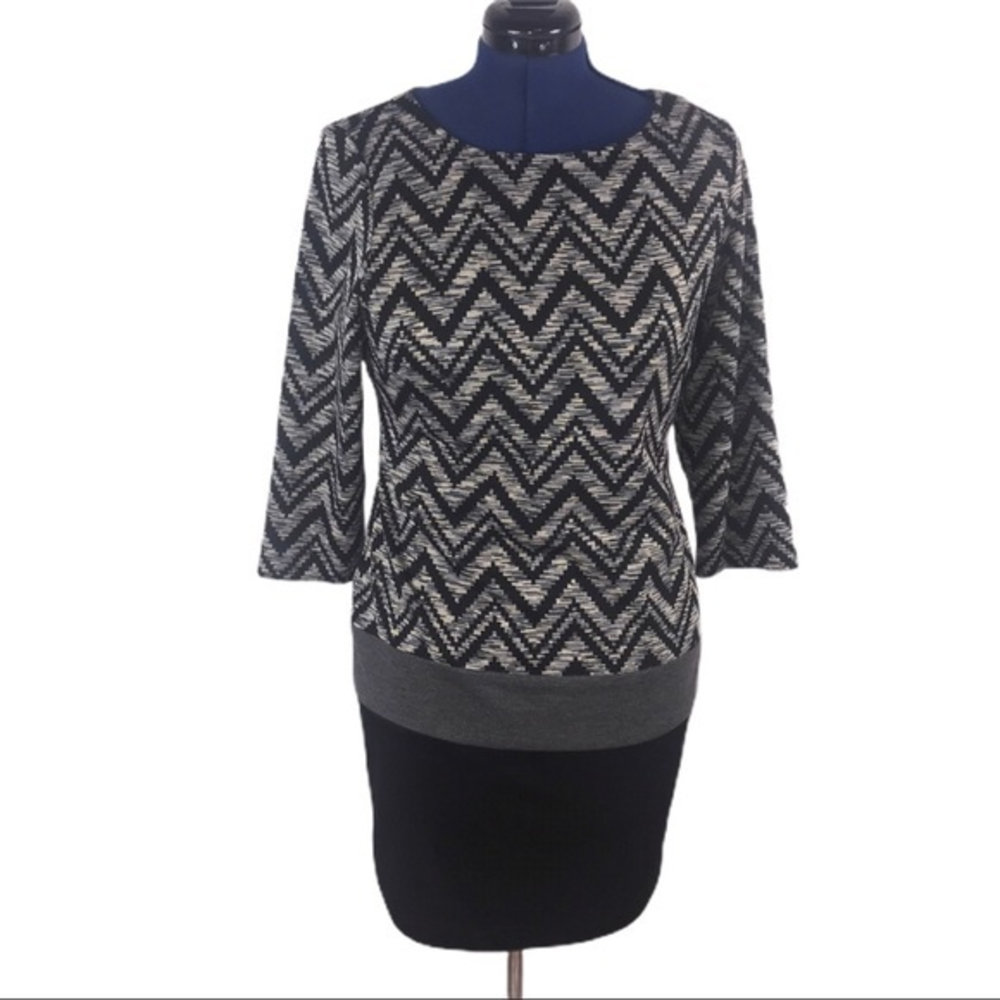 RN Studio 12 black grew chevron color block crew‎ neck pencil skirt knit dress